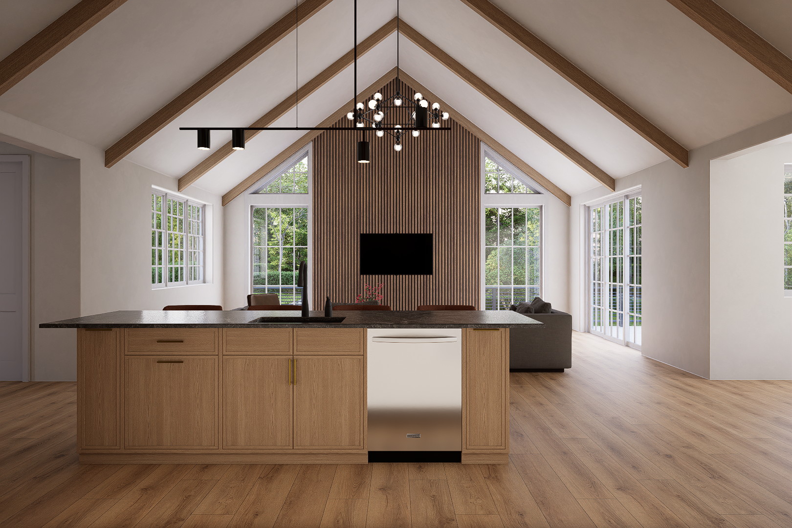 Kitchen island toward living room rendering